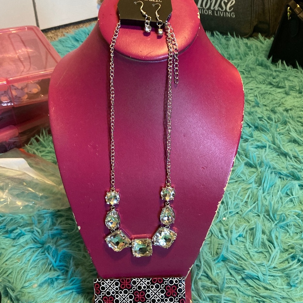 Silver Necklace and Earring Set with Clear Stones